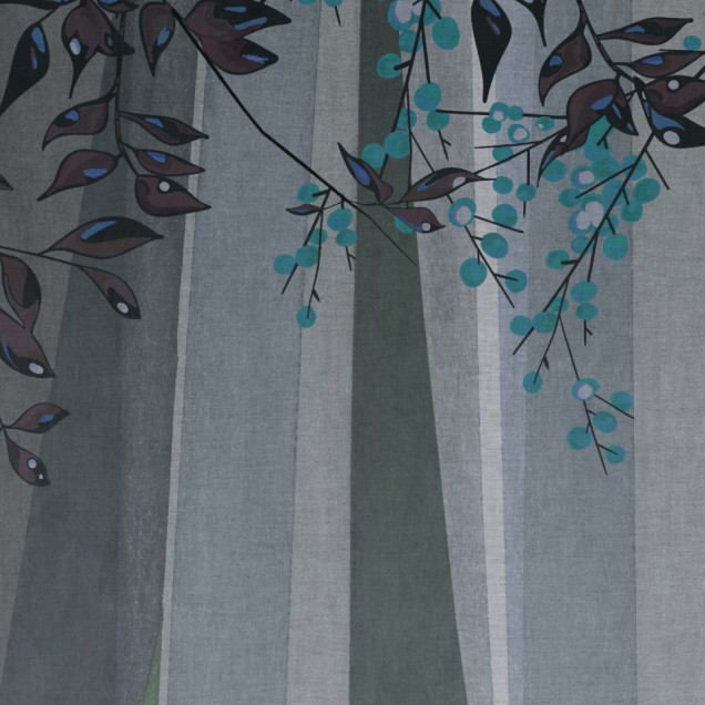 Tapet cu design modern, ramuri delicate și fructe albastre pe fundal cu dungi verticale