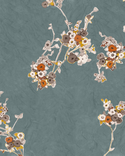 Wallpaper floral bleumarin cu flori pastelate.