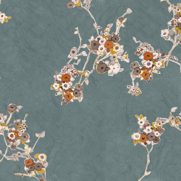 Wallpaper floral bleumarin cu flori pastelate.