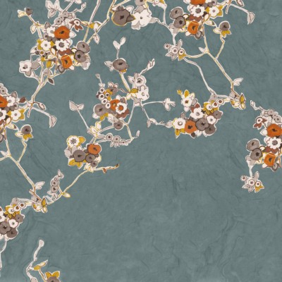 Wallpaper floral bleumarin cu flori pastelate.