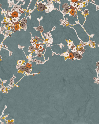 Wallpaper floral bleumarin cu flori pastelate.