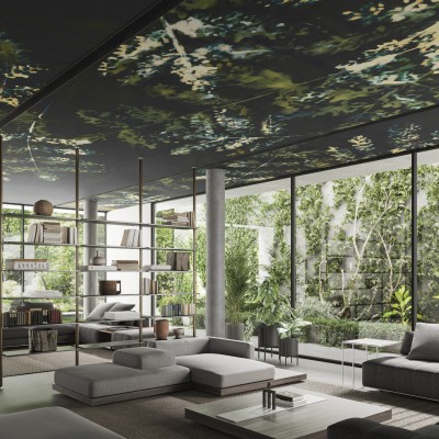Tapet cu design abstract de cer cu nuanțe delicate de verde și galben pe fond negru, potrivit pentru living, dormitor, hol sau birou.