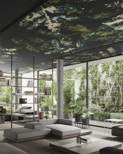 Tapet cu design abstract de cer cu nuanțe delicate de verde și galben pe fond negru, potrivit pentru living, dormitor, hol sau birou.