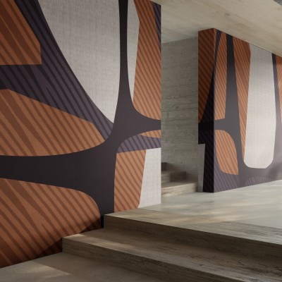 Tapet geometric modern cu culori calde si forme abstracte, perfect pentru un hol sau o zona de relaxare.