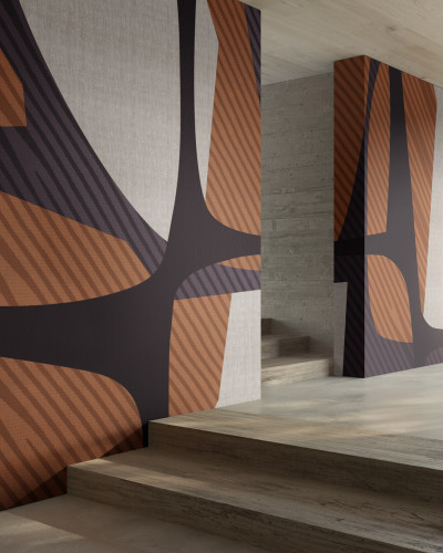 Tapet geometric modern cu culori calde si forme abstracte, perfect pentru un hol sau o zona de relaxare.