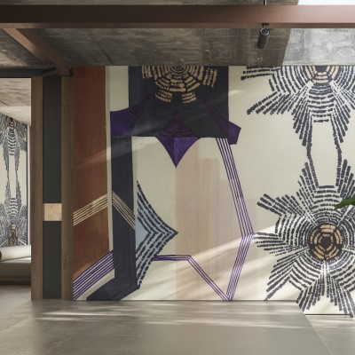 Tapet modern cu design geometric abstract, cu culori neutre și vibrante.