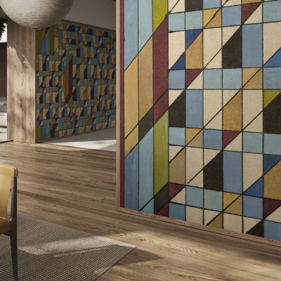 Tapet geometric modern cu triunghiuri și pătrate, culori vibrante