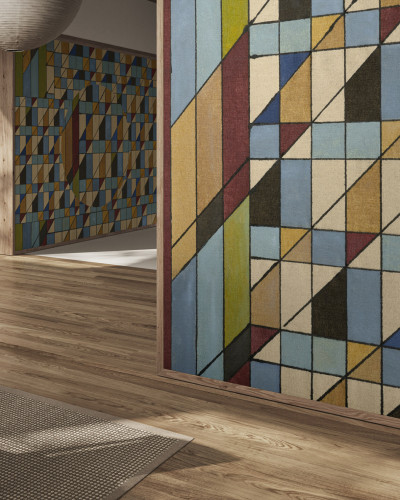 Tapet geometric modern cu triunghiuri și pătrate, culori vibrante