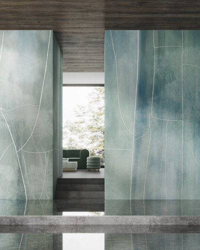 Tapet Polare Variant 1 cu design abstract in nuante de albastru si verde, cu linii albe subtile.