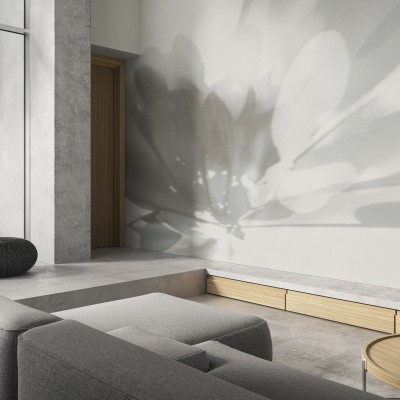Tapet cu design minimalist, cu o floare delicată, ale cărei umbre se proiectează pe un fundal alb.