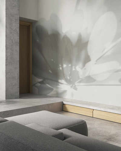 Tapet cu design minimalist, cu o floare delicată, ale cărei umbre se proiectează pe un fundal alb.