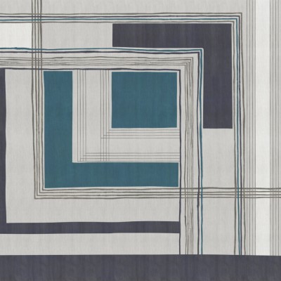 Wallpaper geometric cu linii fine, culori neutre si accente de turcoaz.