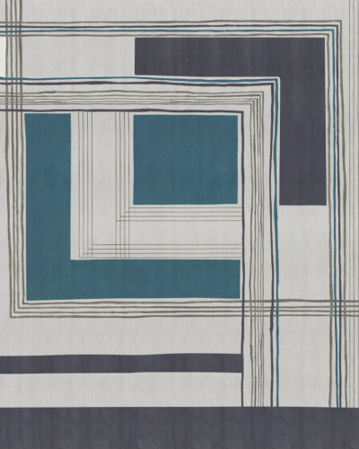 Wallpaper geometric cu linii fine, culori neutre si accente de turcoaz.