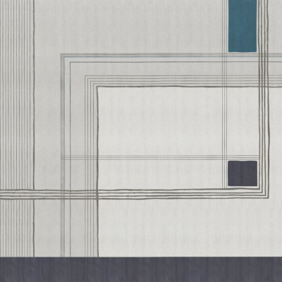 Wallpaper geometric cu linii fine, culori neutre si accente de turcoaz.