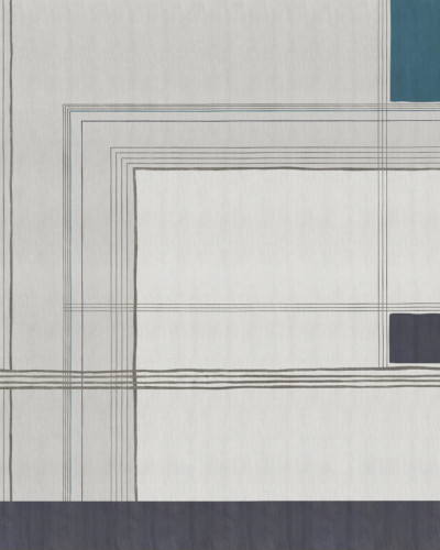 Wallpaper geometric cu linii fine, culori neutre si accente de turcoaz.
