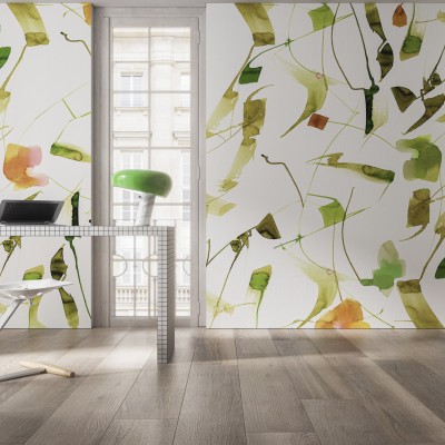 Tapet abstract cu motive naturale, verde și galben