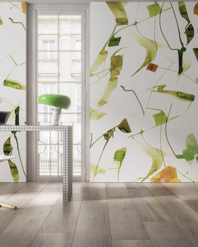 Tapet abstract cu motive naturale, verde și galben