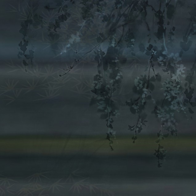 Tapet abstract cu forme de frunze și flori în nuanțe de albastru, gri și verde