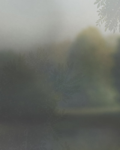 Tapet cu aspect de țesătură, cu o nuanță subtilă de verde, design abstract, evocă un peisaj împădurit.