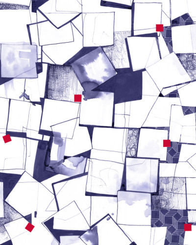 Tapet abstract cu forme geometrice albastre si accente rosii