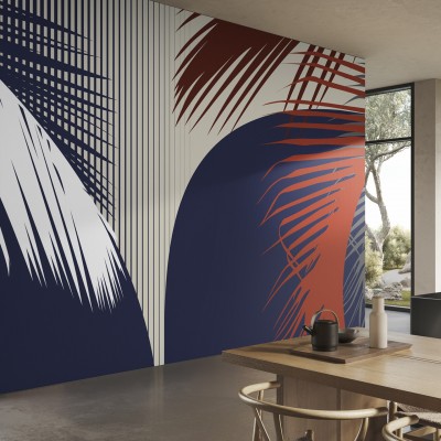 Tapet modern cu design abstract, cu frunze stilizate și forme geometrice, în culori vibrante, albastru marin și roșu aprins.