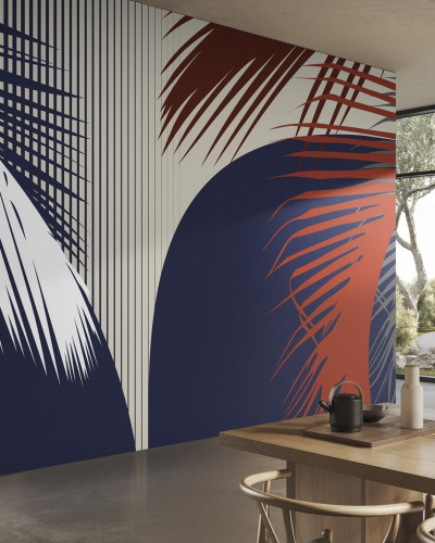 Tapet modern cu design abstract, cu frunze stilizate și forme geometrice, în culori vibrante, albastru marin și roșu aprins.