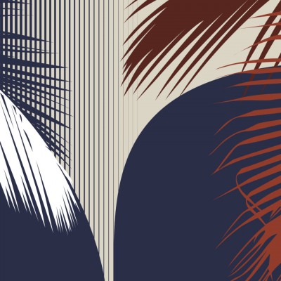 Tapet modern cu design abstract, cu frunze stilizate și forme geometrice, în culori vibrante, albastru marin și roșu aprins.