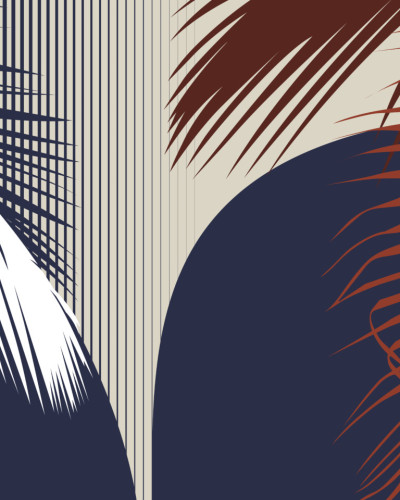 Tapet modern cu design abstract, cu frunze stilizate și forme geometrice, în culori vibrante, albastru marin și roșu aprins.