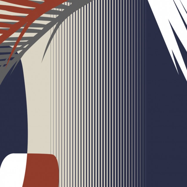 Tapet modern cu design abstract, cu frunze stilizate și forme geometrice, în culori vibrante, albastru marin și roșu aprins.