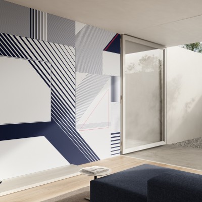 Tapet cu design geometric, in culori alb, bleumarin si rosu