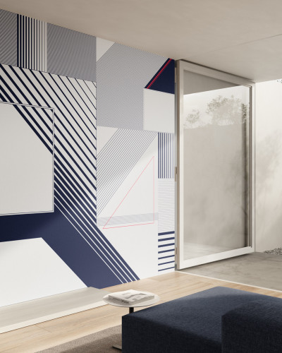 Tapet cu design geometric, in culori alb, bleumarin si rosu