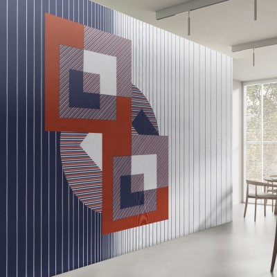 Tapet cu design geometric modern, dungi verticale albastre si forme geometrice in dungi orizontale, rosu si alb.