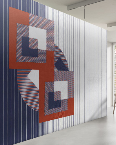 Tapet cu design geometric modern, dungi verticale albastre si forme geometrice in dungi orizontale, rosu si alb.