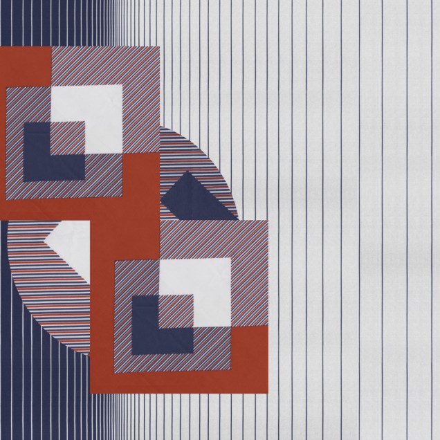 Tapet cu design geometric modern, dungi verticale albastre si forme geometrice in dungi orizontale, rosu si alb.