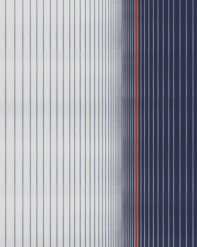 Tapet cu design geometric modern, dungi verticale albastre si forme geometrice in dungi orizontale, rosu si alb.