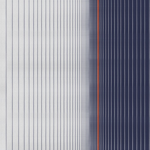 Tapet cu design geometric modern, dungi verticale albastre si forme geometrice in dungi orizontale, rosu si alb.