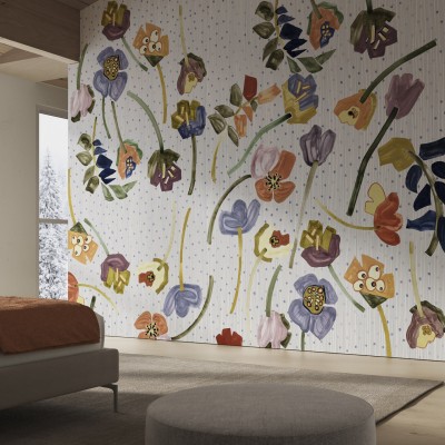Tapet floral Wildflowers Variant 1 cu flori pictate manual în culori vibrante pe un fundal alb.