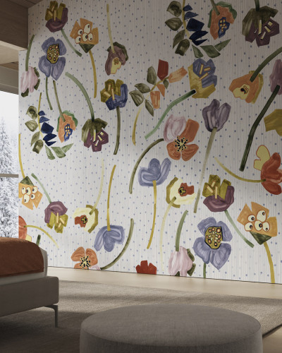 Tapet floral Wildflowers Variant 1 cu flori pictate manual în culori vibrante pe un fundal alb.