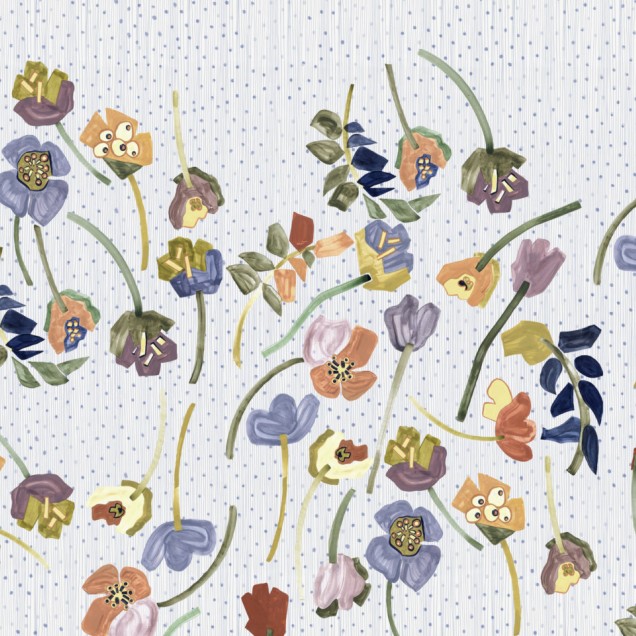 Tapet floral Wildflowers Variant 1 cu flori pictate manual în culori vibrante pe un fundal alb.