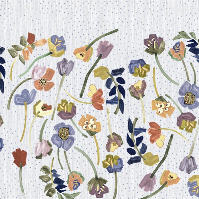 Tapet floral Wildflowers Variant 1 cu flori pictate manual în culori vibrante pe un fundal alb.