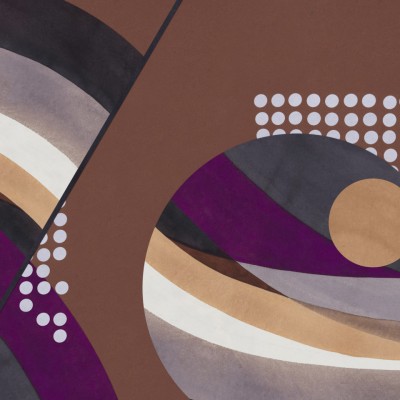 Tapet geometric modern cu culori calde și neutre. Designul abstract prezintă forme geometrice în tonuri de maro, gri, bej, violet, alb și negru.