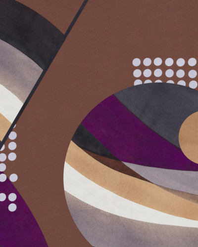Tapet geometric modern cu culori calde și neutre. Designul abstract prezintă forme geometrice în tonuri de maro, gri, bej, violet, alb și negru.