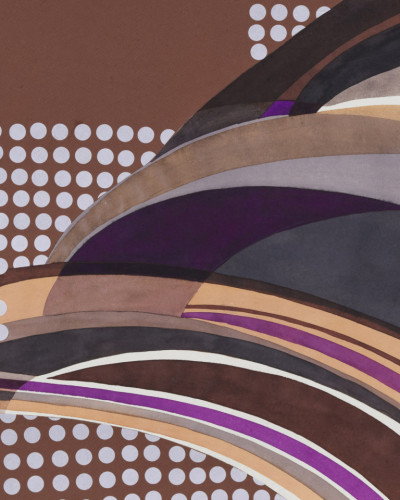 Tapet geometric modern cu culori calde și neutre. Designul abstract prezintă forme geometrice în tonuri de maro, gri, bej, violet, alb și negru.
