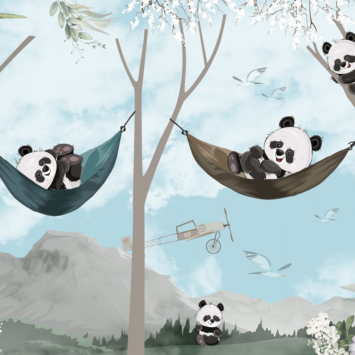 Fototapet Lazy Pandas, dintr-o bucată, GrandCanvas, Fototapet pentru copii 
