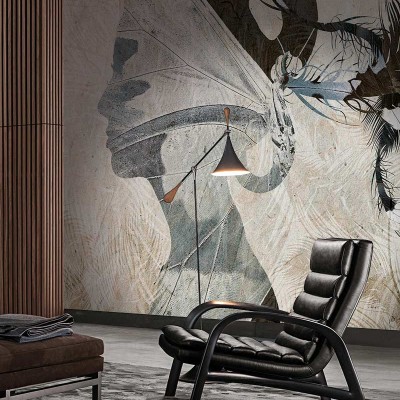 Tapet mural modern Butterfly Effect, Idea Murale cu o siluetă feminină misterioasă pe fond de pene de păun.