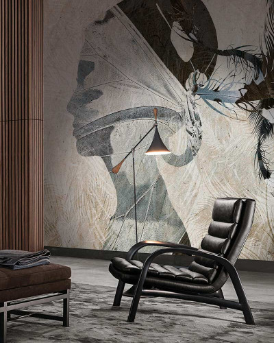 Tapet mural modern Butterfly Effect, Idea Murale cu o siluetă feminină misterioasă pe fond de pene de păun.