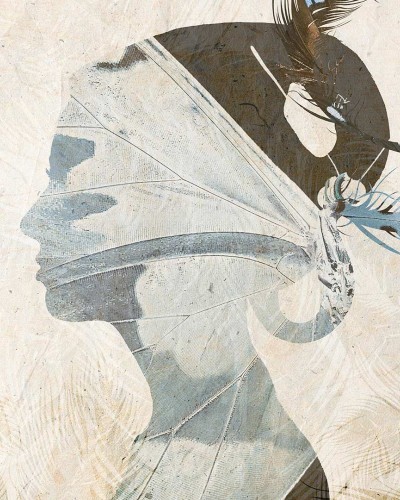 Tapet mural modern Butterfly Effect, Idea Murale cu o siluetă feminină misterioasă pe fond de pene de păun.