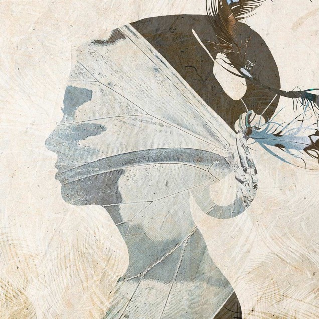 Tapet mural modern Butterfly Effect, Idea Murale cu o siluetă feminină misterioasă pe fond de pene de păun.