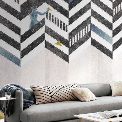 Tapet contemporan cu design chevron si un personaj misterios pe fundal
