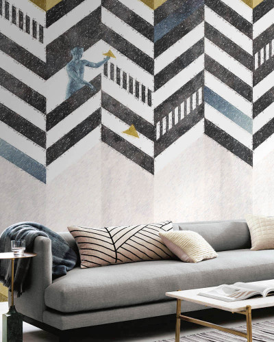 Tapet contemporan cu design chevron si un personaj misterios pe fundal